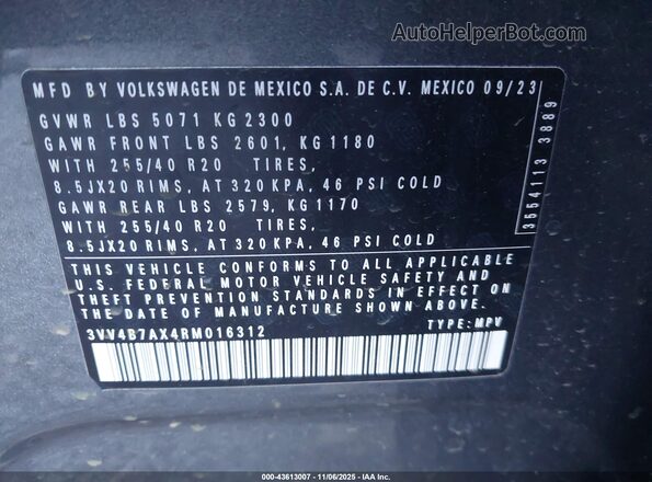 3VV4B7AX4RM016312 2024 VOLKSWAGEN TIGUAN Gray Vista del compartimento del motor