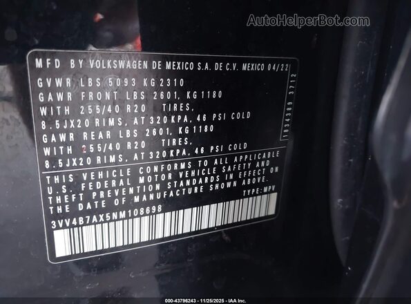 3VV4B7AX5NM108698 2022 VOLKSWAGEN TIGUAN Черный Вид подкапотного пространства