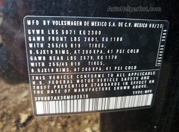 3VV8B7AX3RM003519 2024 VOLKSWAGEN TIGUAN Black VIN კოდის სტიკერის ხედი