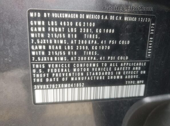 3VV8X7B2XRM041852 2024 VOLKSWAGEN TAOS Серый Вид наклейки с VIN-кодом