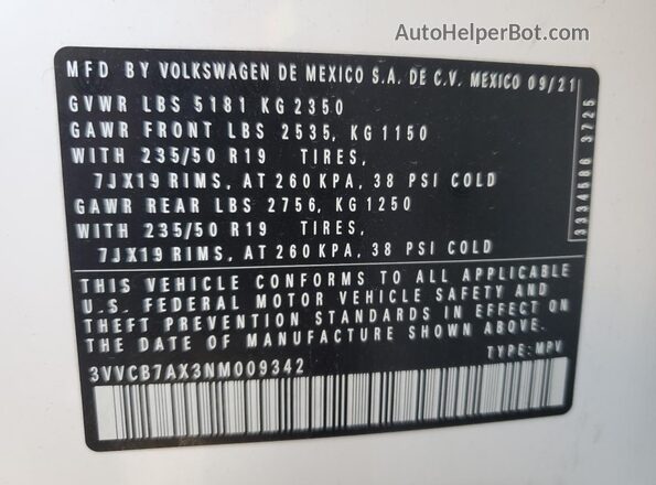 3VVCB7AX3NM009342 2022 VOLKSWAGEN TIGUAN White Widok wnętrza 360 stopni