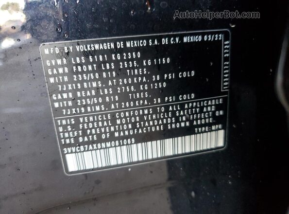 3VVCB7AX8NM081069 2022 VOLKSWAGEN TIGUAN Black VIN კოდის სტიკერის ხედი