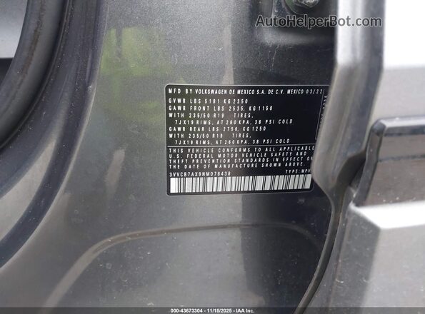 3VVCB7AX9NM078438 2022 VOLKSWAGEN TIGUAN Gray Vista del compartimento del motor