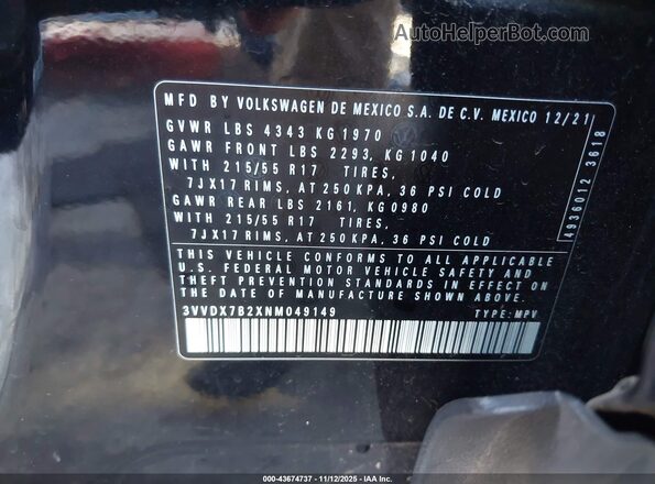 3VVDX7B2XNM049149 2022 VOLKSWAGEN TAOS Черный Вид подкапотного пространства