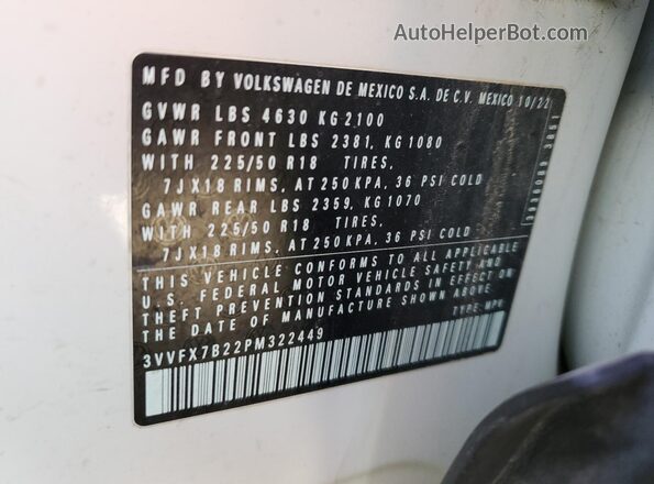3VVFX7B22PM322449 2023 VOLKSWAGEN TAOS White VIN կոդի պիտակի տեսք