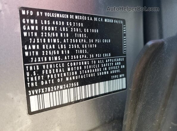 3VVFX7B25PM347958 2023 VOLKSWAGEN TAOS Gray VIN sticker view