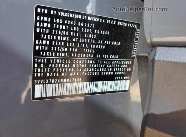3VVLX7B24NM097435 2022 VOLKSWAGEN TAOS Gray Vista de la etiqueta del VIN