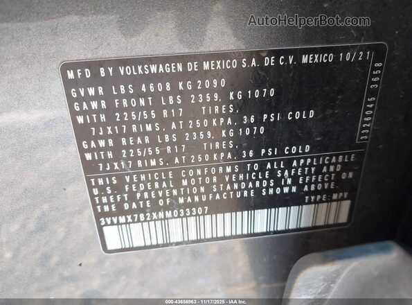 3VVMX7B2XNM033307 2022 VOLKSWAGEN TAOS Gray Vista del compartimento del motor