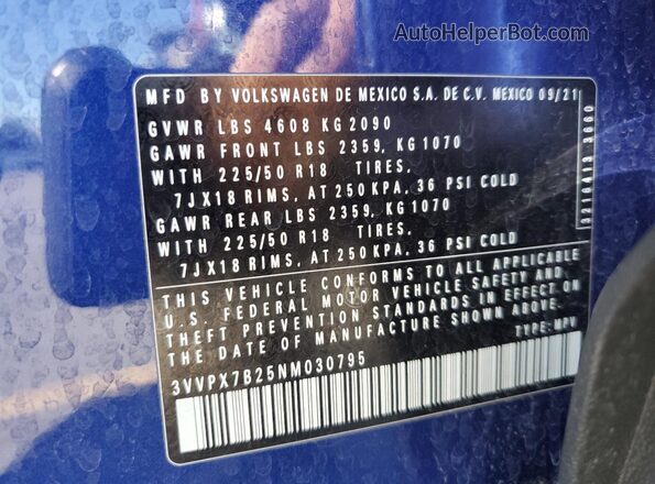 3VVPX7B25NM030795 2022 VOLKSWAGEN TAOS Синий Вид наклейки с VIN-кодом