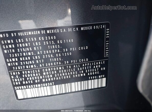3VVRB7AX2RM206387 2024 VOLKSWAGEN TIGUAN Gray Engine compartment view