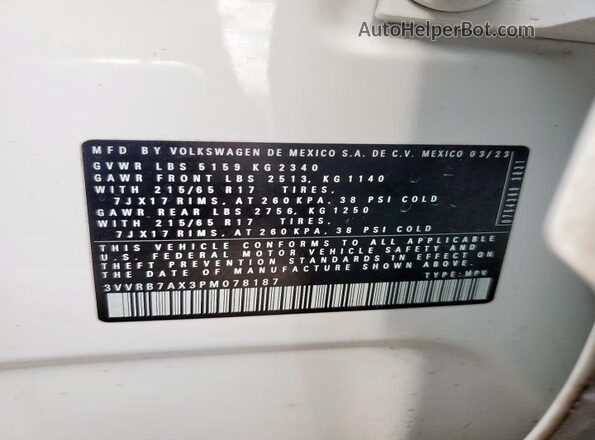 3VVRB7AX3PM078187 2023 VOLKSWAGEN TIGUAN White Widok naklejki z numerem VIN