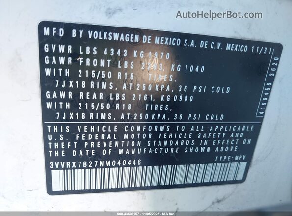 3VVRX7B27NM040446 2022 VOLKSWAGEN TAOS Белый Вид подкапотного пространства