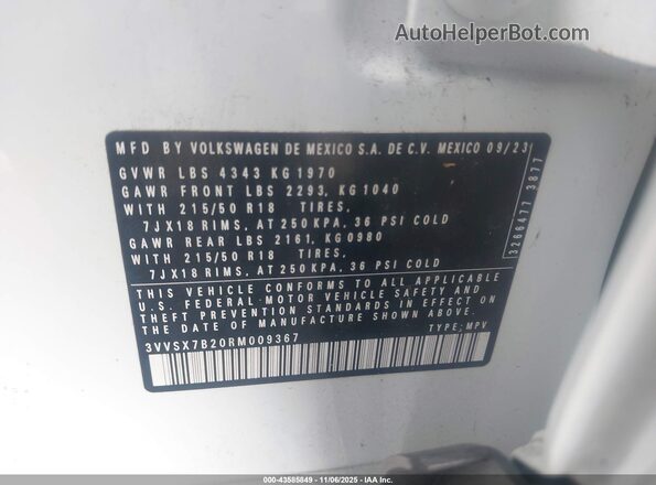 3VVSX7B20RM009367 2024 VOLKSWAGEN TAOS White ძრავის განყოფილების ხედი