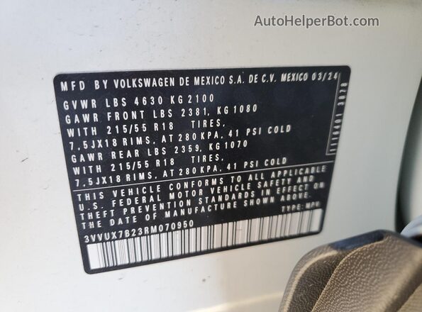 3VVUX7B23RM070950 2024 VOLKSWAGEN TAOS White VIN კოდის სტიკერის ხედი