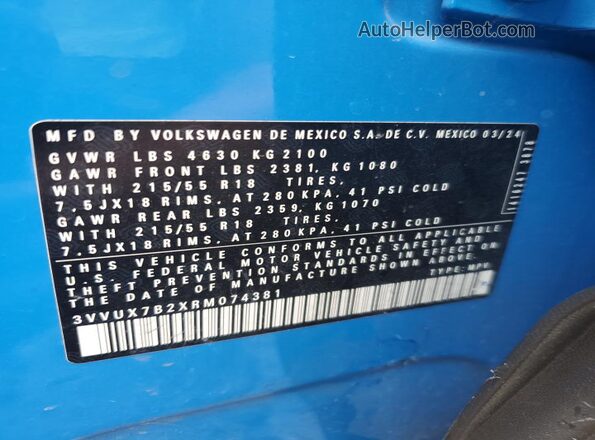 3VVUX7B2XRM074381 2024 VOLKSWAGEN TAOS Blue VIN կոդի պիտակի տեսք
