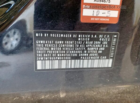 3VW7M7BU5PM003086 2023 VOLKSWAGEN JETTA Black Widok naklejki z numerem VIN