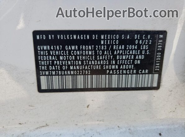 3VW7M7BU6NM022792 2022 VOLKSWAGEN JETTA White 