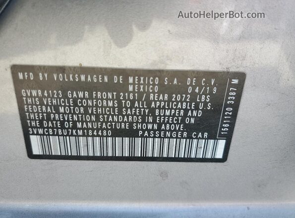 3VWCB7BU7KM184480 2019 VOLKSWAGEN JETTA Silver VIN კოდის სტიკერის ხედი