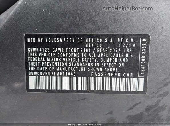 3VWCB7BU7LM011043 2020 VOLKSWAGEN JETTA Gray Շարժիչի բաժամունքի տեսք