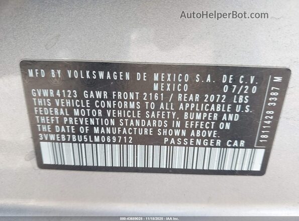 3VWEB7BU5LM069712 2020 VOLKSWAGEN JETTA Silver Вид підкапотного простору