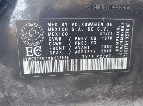 3VWG57BU7MM035935 2021 VOLKSWAGEN JETTA Black Vista de la etiqueta del VIN