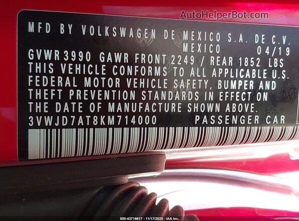 3VWJD7AT8KM714000 2019 VOLKSWAGEN BEETLE Red 