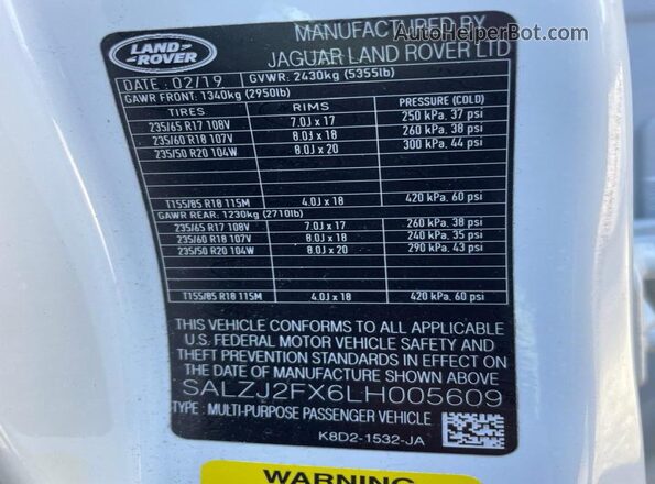 SALZJ2FX6LH005609 2020 LAND ROVER RANGE ROVER White Rear interior view