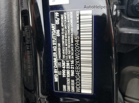 WDD3G4EB2KW020945 2019 MERCEDES-BENZ A-CLASS Black Вид наклейки з VIN-кодом