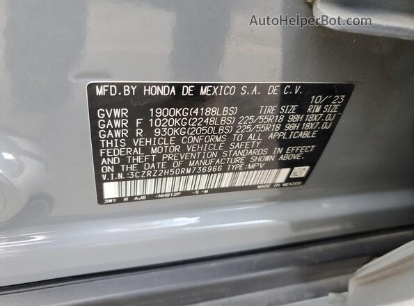 3CZRZ2H50RM736966 2024 HONDA HR-V Gray 360 interior view