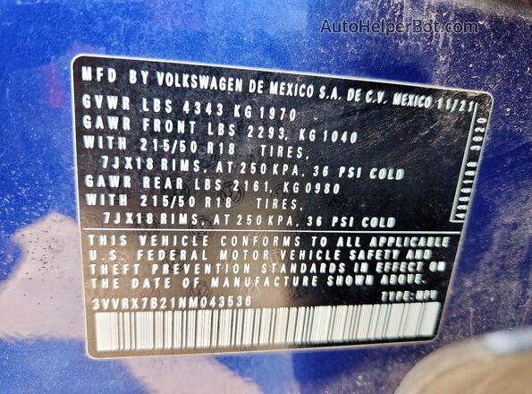 3VVRX7B21NM043536 2022 VOLKSWAGEN TAOS Синий Панорамный вид салона 360°