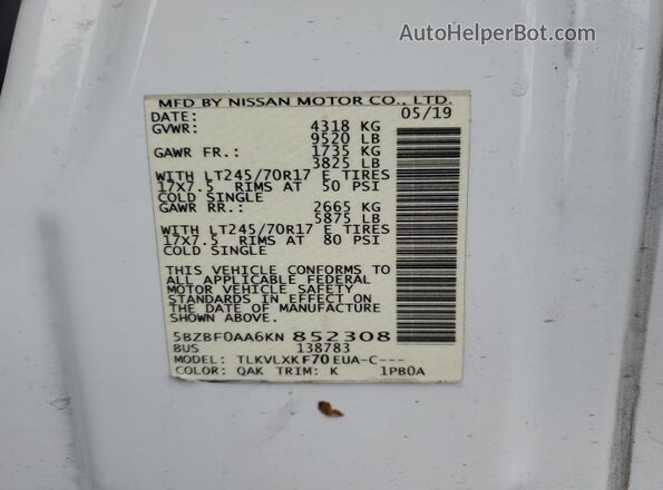 5BZBF0AA6KN852308 2019 NISSAN NV White Widok wnętrza 360 stopni