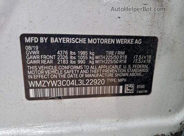 WMZYW3C04L3L22920 2020 MINI COOPER White Vista de la etiqueta del VIN