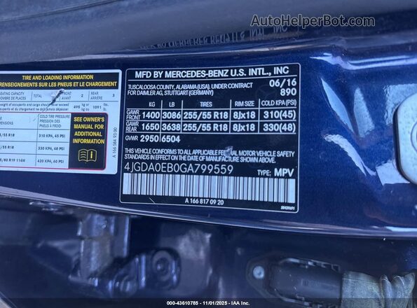 4JGDA0EB0GA799559 2016 MERCEDES-BENZ GLE 300D Blue Вид підкапотного простору