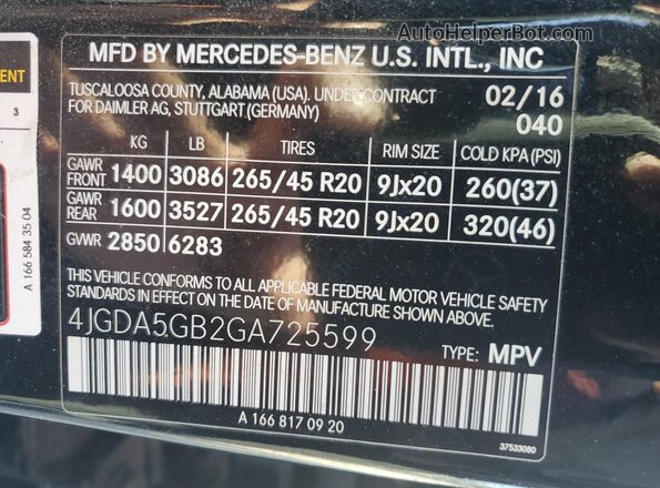 4JGDA5GB2GA725599 2016 MERCEDES-BENZ GLE Black Widok naklejki z numerem VIN