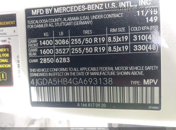 4JGDA5HB4GA693138 2016 MERCEDES-BENZ GLE 350 4MATIC White Widok komory silnika