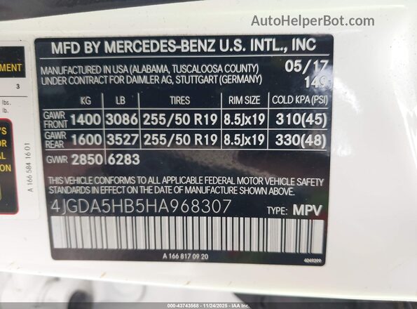 4JGDA5HB5HA968307 2017 MERCEDES-BENZ GLE 350 White 