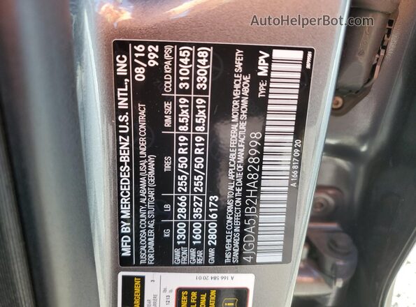 4JGDA5JB2HA828998 2017 MERCEDES-BENZ GLE Charcoal Vista de la etiqueta del VIN