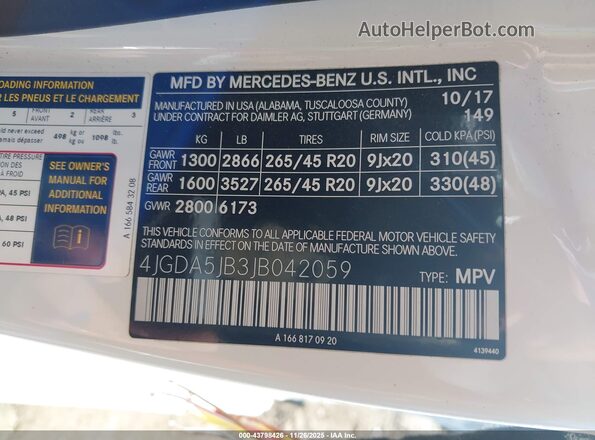 4JGDA5JB3JB042059 2018 MERCEDES-BENZ GLE 350 Белый 