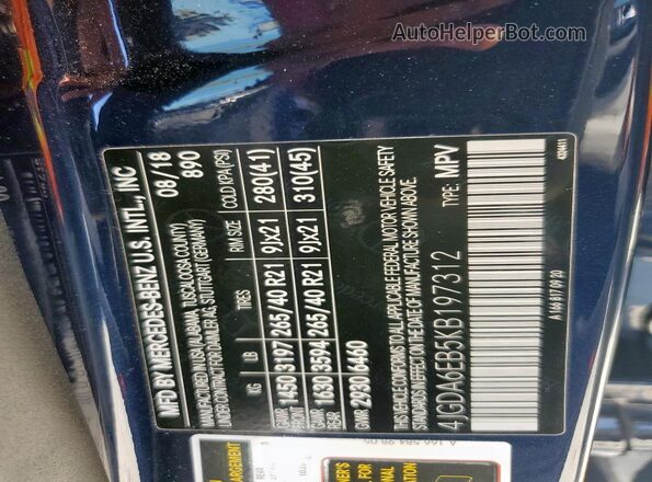 4JGDA6EB5KB197312 2019 MERCEDES-BENZ GLE Blue VIN კოდის სტიკერის ხედი