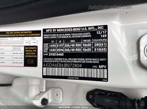 4JGDA6EB6JB072804 2018 MERCEDES-BENZ AMG GLE 43 White Շարժիչի բաժամունքի տեսք