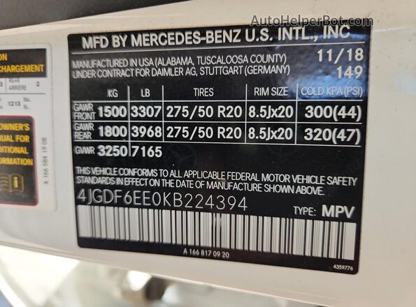 4JGDF6EE0KB224394 2019 MERCEDES-BENZ GLS White Вид наклейки з VIN-кодом