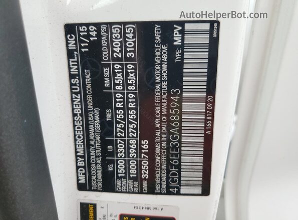 4JGDF6EE3GA685943 2016 MERCEDES-BENZ GL-CLASS White VIN კოდის სტიკერის ხედი