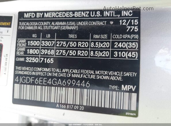 4JGDF6EE4GA699446 2016 MERCEDES-BENZ GL 450 Silver Շարժիչի բաժամունքի տեսք