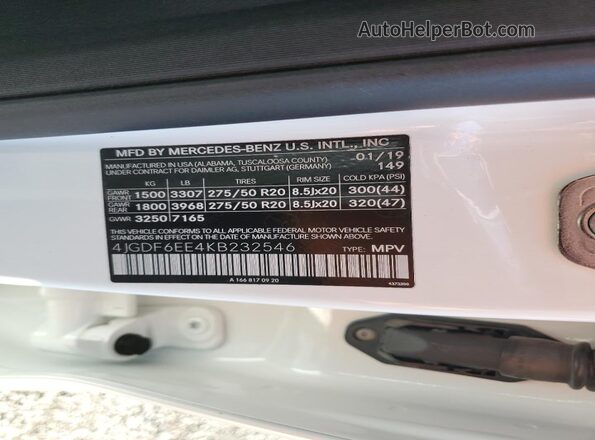 4JGDF6EE4KB232546 2019 MERCEDES-BENZ GLS White Vista de la etiqueta del VIN