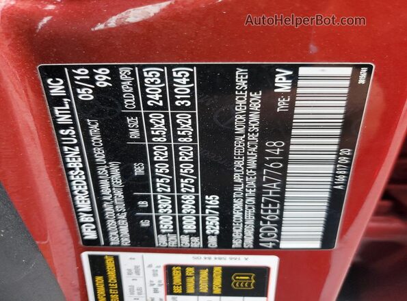 4JGDF6EE7HA776148 2017 MERCEDES-BENZ GLS Red VIN sticker view