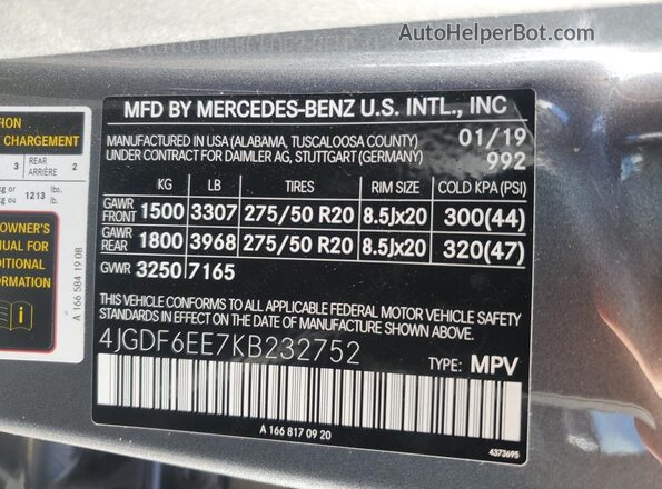 4JGDF6EE7KB232752 2019 MERCEDES-BENZ GLS Gray VIN კოდის სტიკერის ხედი