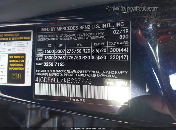4JGDF6EE7KB237773 2019 MERCEDES-BENZ GLS 450 Blue ძრავის განყოფილების ხედი