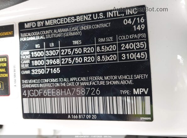 4JGDF6EE8HA758726 2017 MERCEDES-BENZ GLS 450 White 