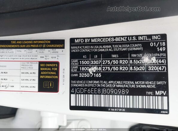 4JGDF6EE8JB090989 2018 MERCEDES-BENZ GLS 450 White Շարժիչի բաժամունքի տեսք