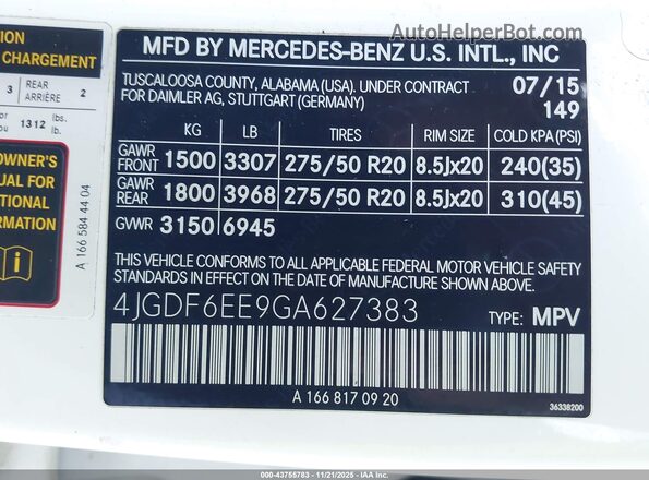 4JGDF6EE9GA627383 2016 MERCEDES-BENZ GL 450 White Вид підкапотного простору